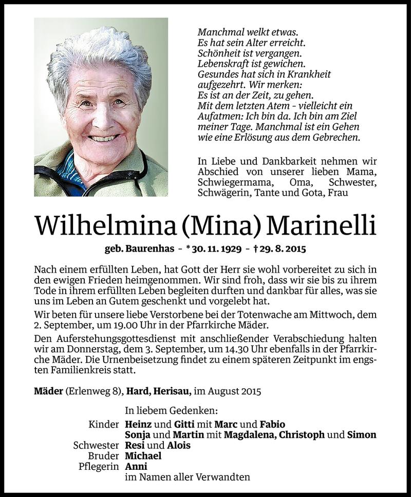  Todesanzeige für Wilhelmina Marinelli vom 01.09.2015 aus Vorarlberger Nachrichten