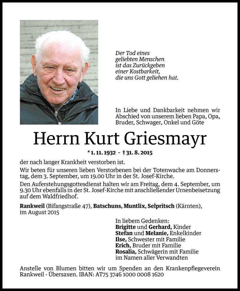  Todesanzeige für Kurt Griesmayr vom 01.09.2015 aus Vorarlberger Nachrichten