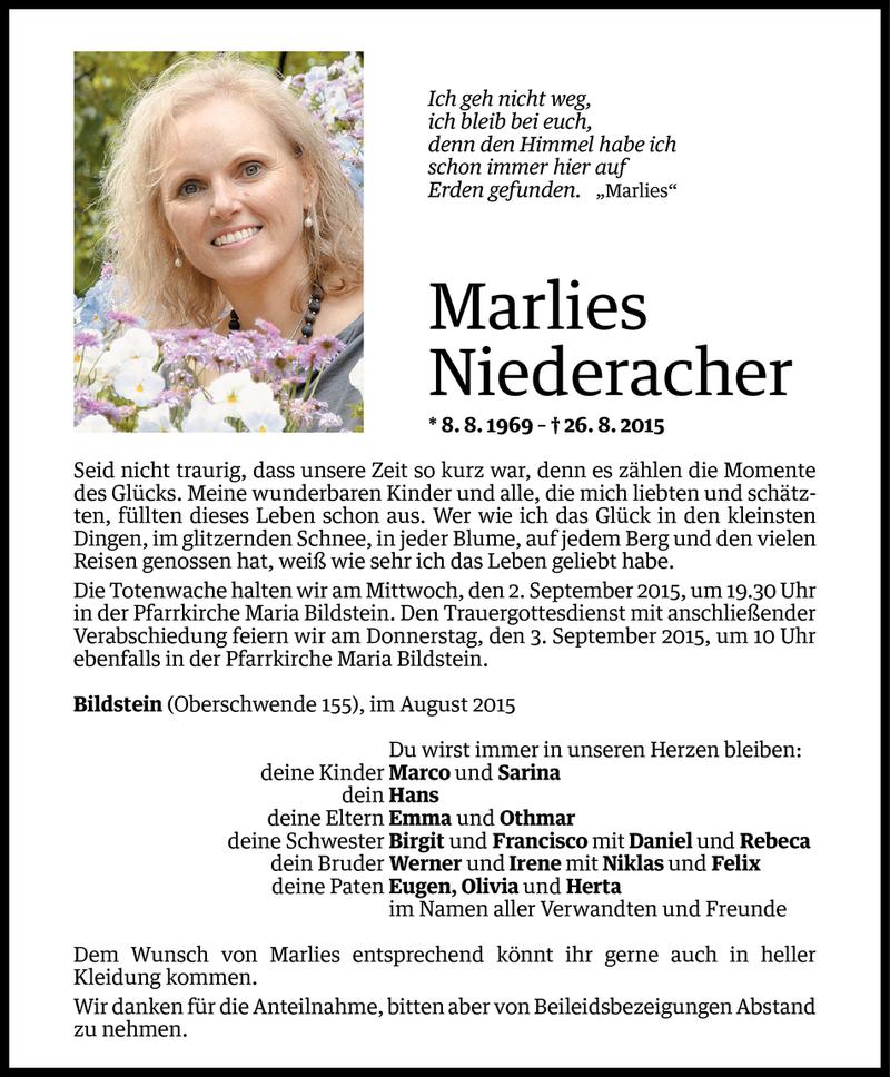  Todesanzeige für Marlies Niederacher vom 31.08.2015 aus Vorarlberger Nachrichten