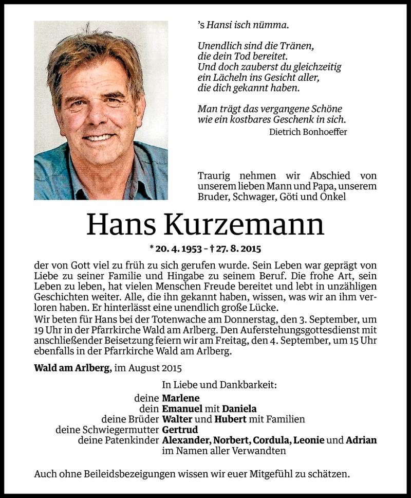  Todesanzeige für Hans Kurzemann vom 02.09.2015 aus Vorarlberger Nachrichten