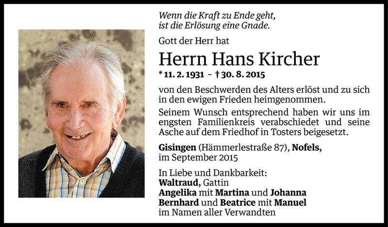  Todesanzeige für Hans Kircher vom 03.09.2015 aus Vorarlberger Nachrichten