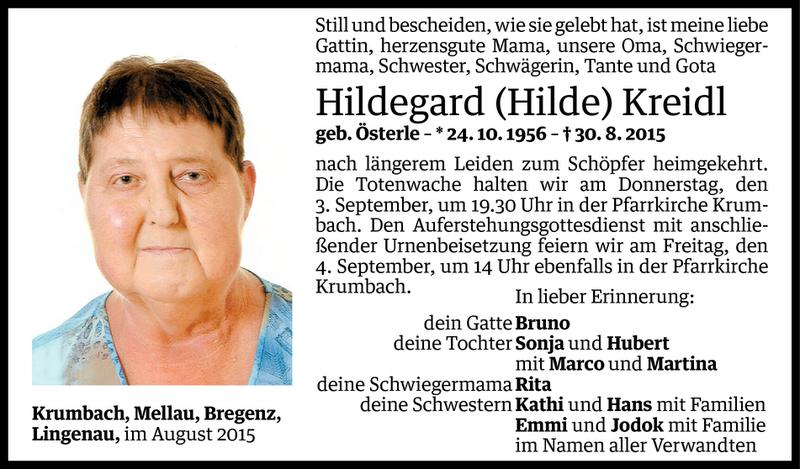  Todesanzeige für Hildegard Kreidl vom 01.09.2015 aus Vorarlberger Nachrichten