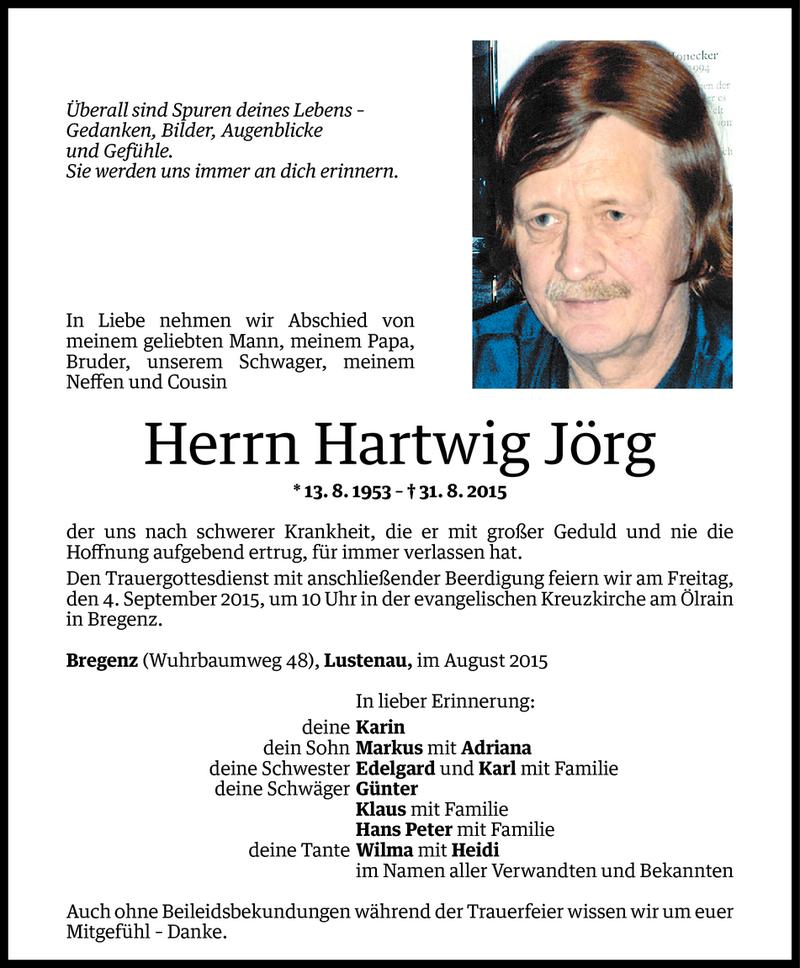  Todesanzeige für Hartwig Jörg vom 01.09.2015 aus Vorarlberger Nachrichten