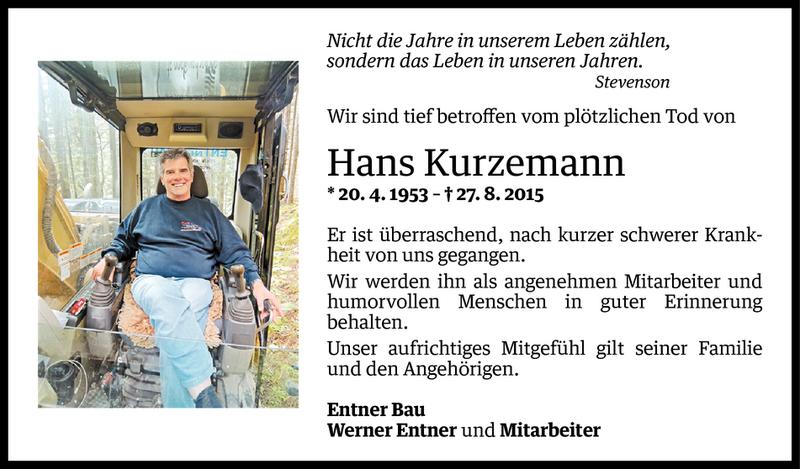  Todesanzeige für Hans Kurzemann vom 02.09.2015 aus Vorarlberger Nachrichten