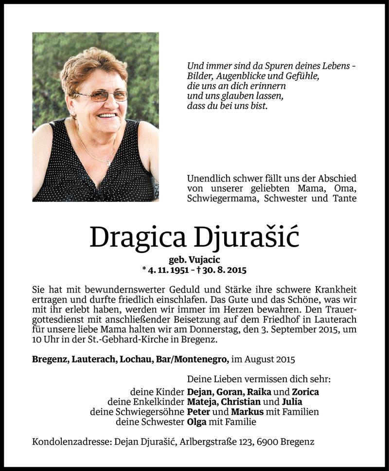  Todesanzeige für Dragica Djurasic vom 01.09.2015 aus Vorarlberger Nachrichten