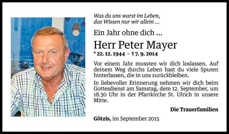  Todesanzeige für Peter Mayer vom 07.09.2015 aus Vorarlberger Nachrichten