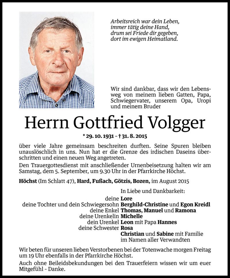  Todesanzeige für Gottfried Volgger vom 02.09.2015 aus Vorarlberger Nachrichten