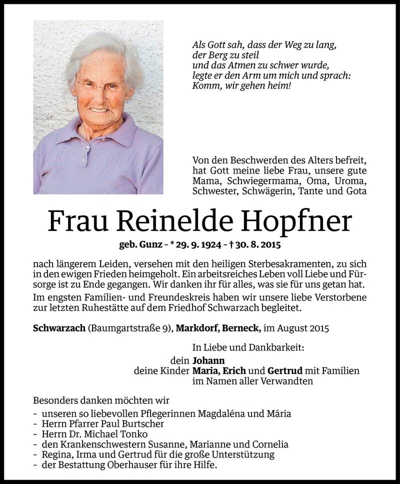  Todesanzeige für Reinelde Hopfner vom 03.09.2015 aus Vorarlberger Nachrichten