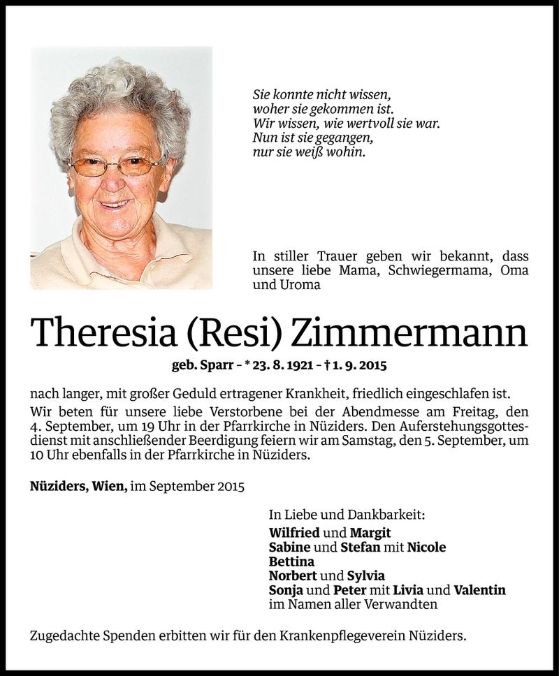  Todesanzeige für Theresia Zimmermann vom 03.09.2015 aus Vorarlberger Nachrichten