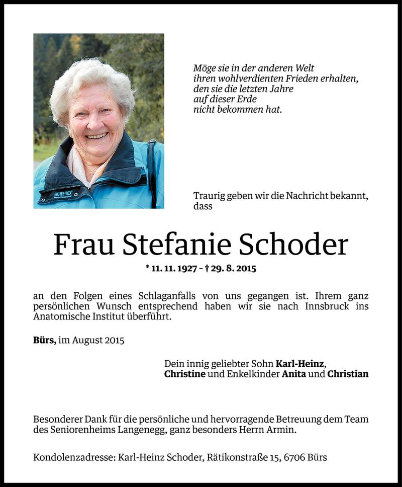  Todesanzeige für Stefanie Schoder vom 05.09.2015 aus Vorarlberger Nachrichten