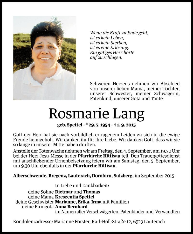  Todesanzeige für Rosmarie Lang vom 02.09.2015 aus Vorarlberger Nachrichten