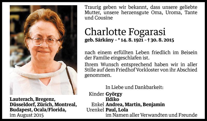  Todesanzeige für Charlotte Fogarasi vom 04.09.2015 aus Vorarlberger Nachrichten