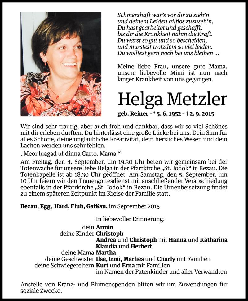  Todesanzeige für Helga Metzler vom 03.09.2015 aus Vorarlberger Nachrichten