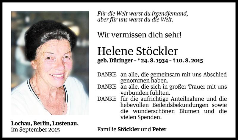 Todesanzeige für Helene Stöckler vom 03.09.2015 aus Vorarlberger Nachrichten