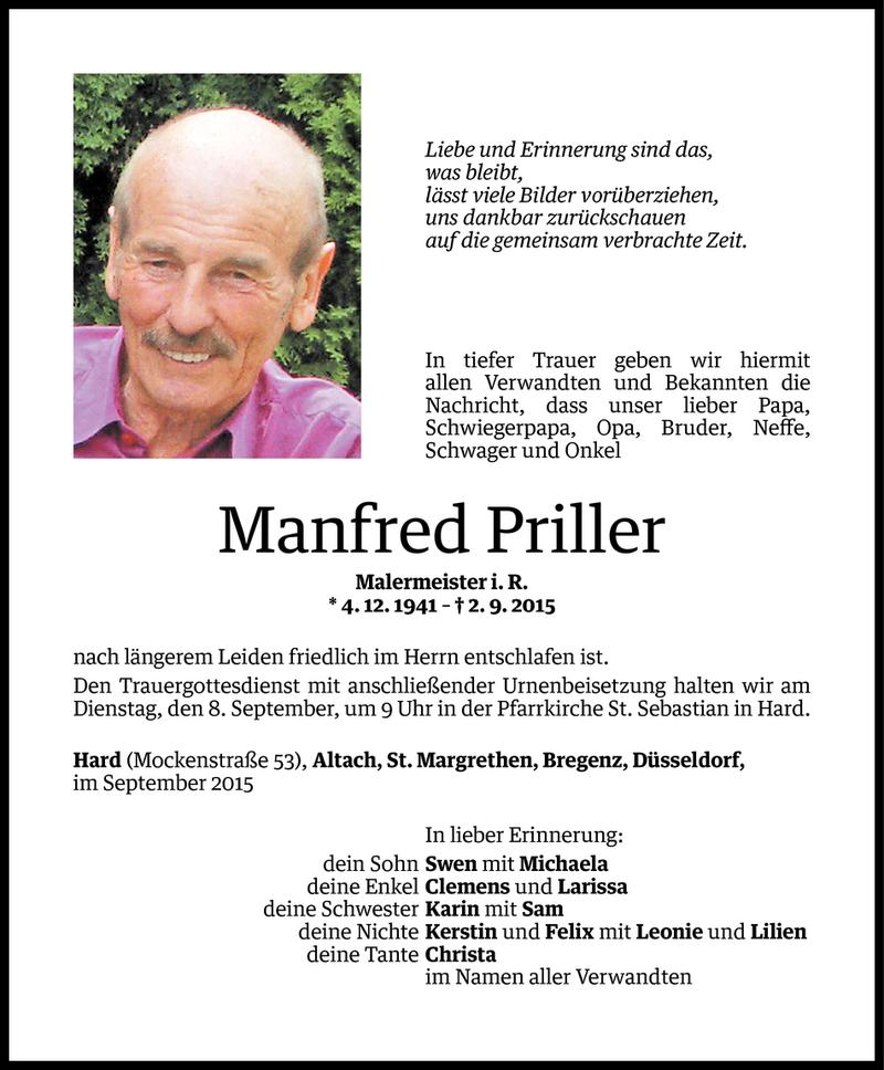  Todesanzeige für Manfred Priller vom 03.09.2015 aus Vorarlberger Nachrichten