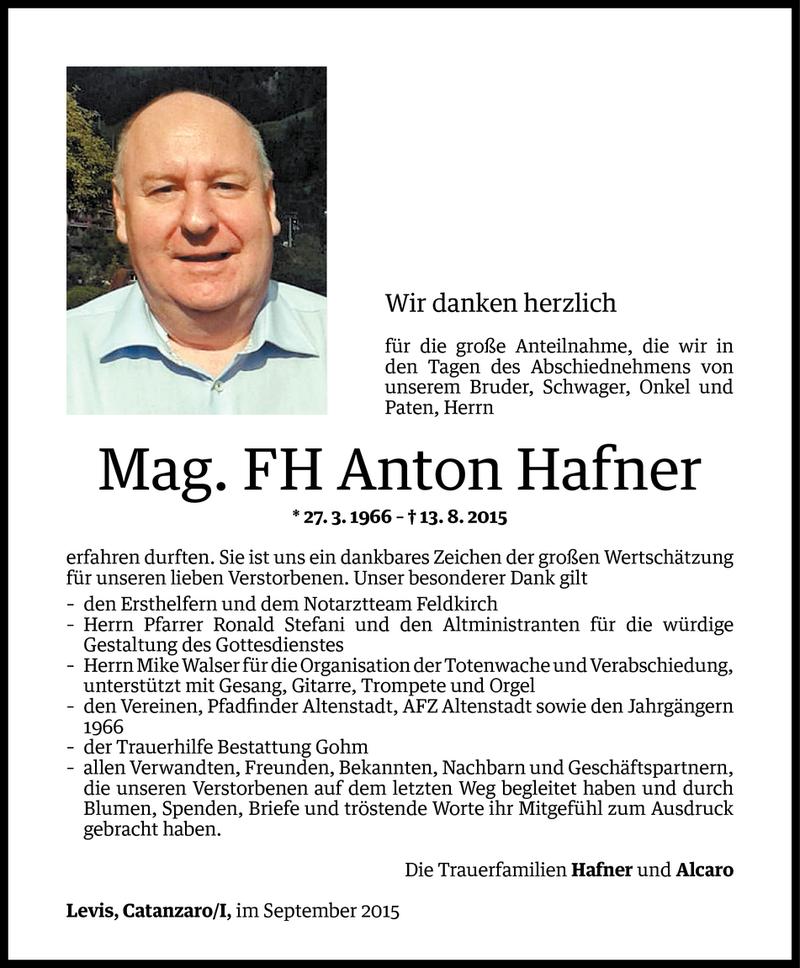  Todesanzeige für Anton Hafner vom 04.09.2015 aus Vorarlberger Nachrichten