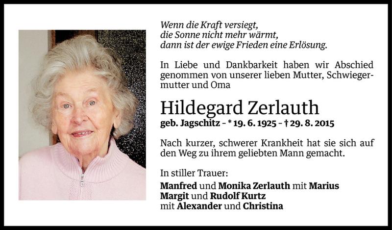  Todesanzeige für Hildegard Zerlauth vom 04.09.2015 aus Vorarlberger Nachrichten