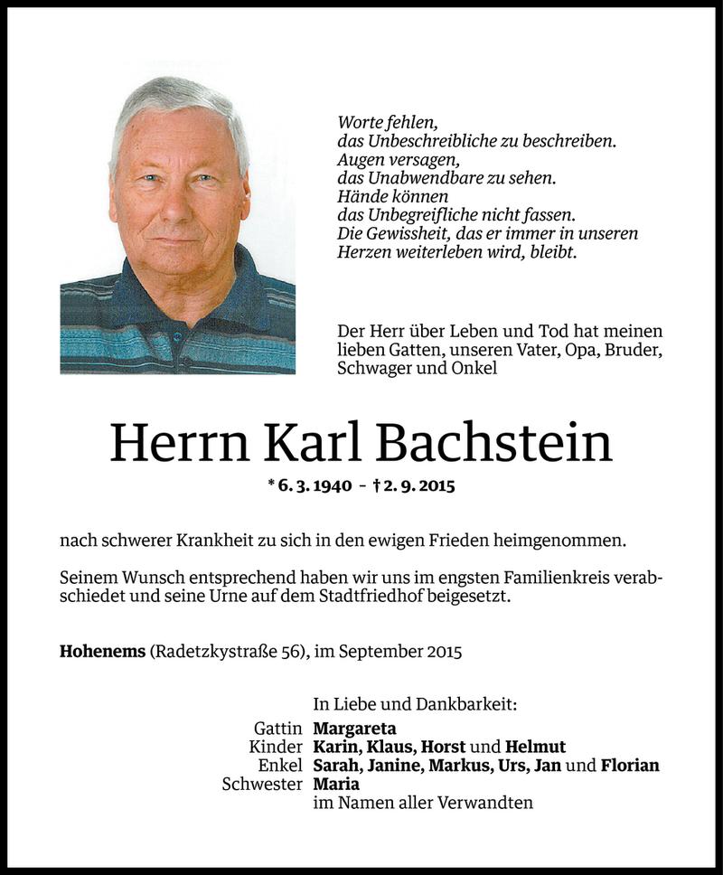  Todesanzeige für Karl Bachstein vom 07.09.2015 aus Vorarlberger Nachrichten