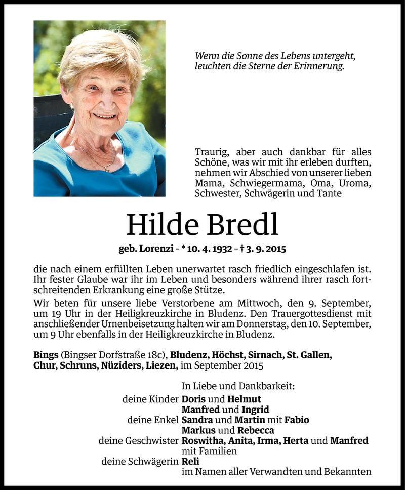  Todesanzeige für Hilde Bredl vom 05.09.2015 aus Vorarlberger Nachrichten