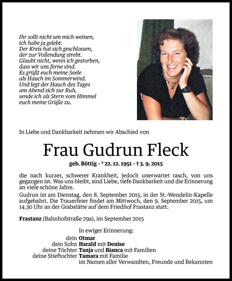  Todesanzeige für Gudrun Fleck vom 04.09.2015 aus Vorarlberger Nachrichten