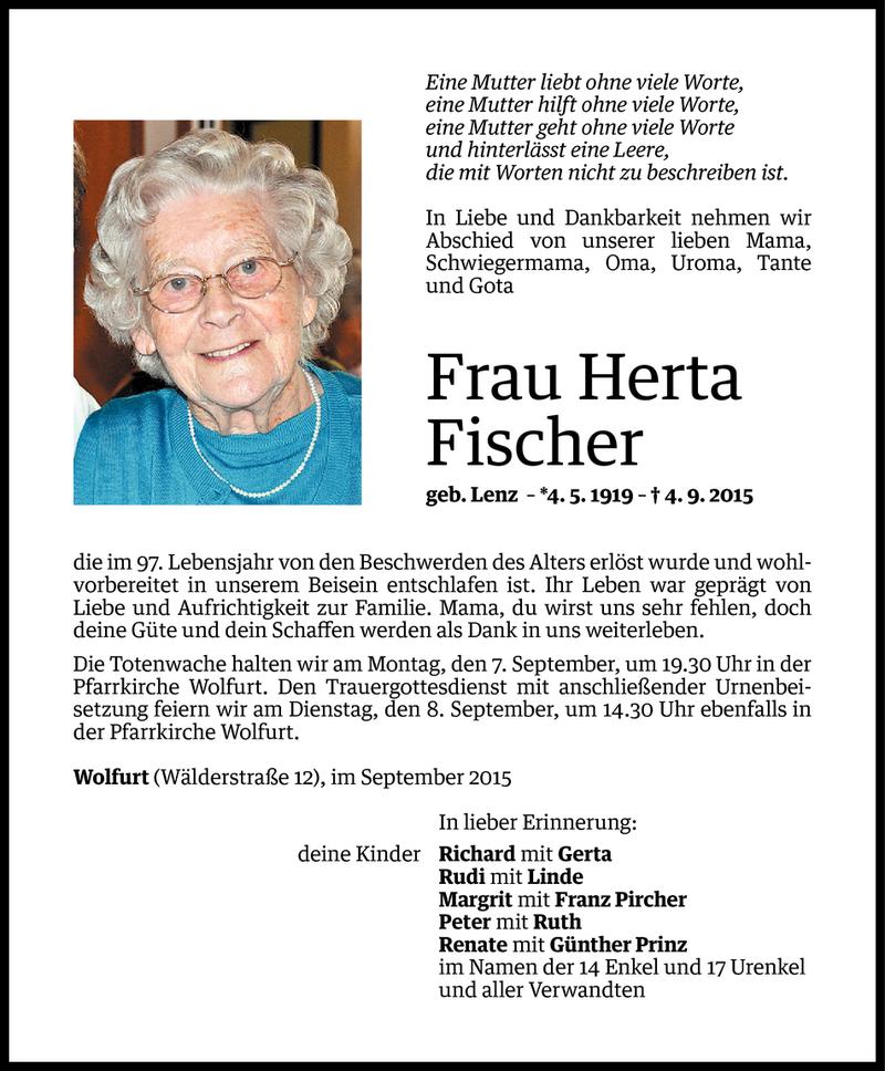  Todesanzeige für Herta Fischer vom 04.09.2015 aus Vorarlberger Nachrichten