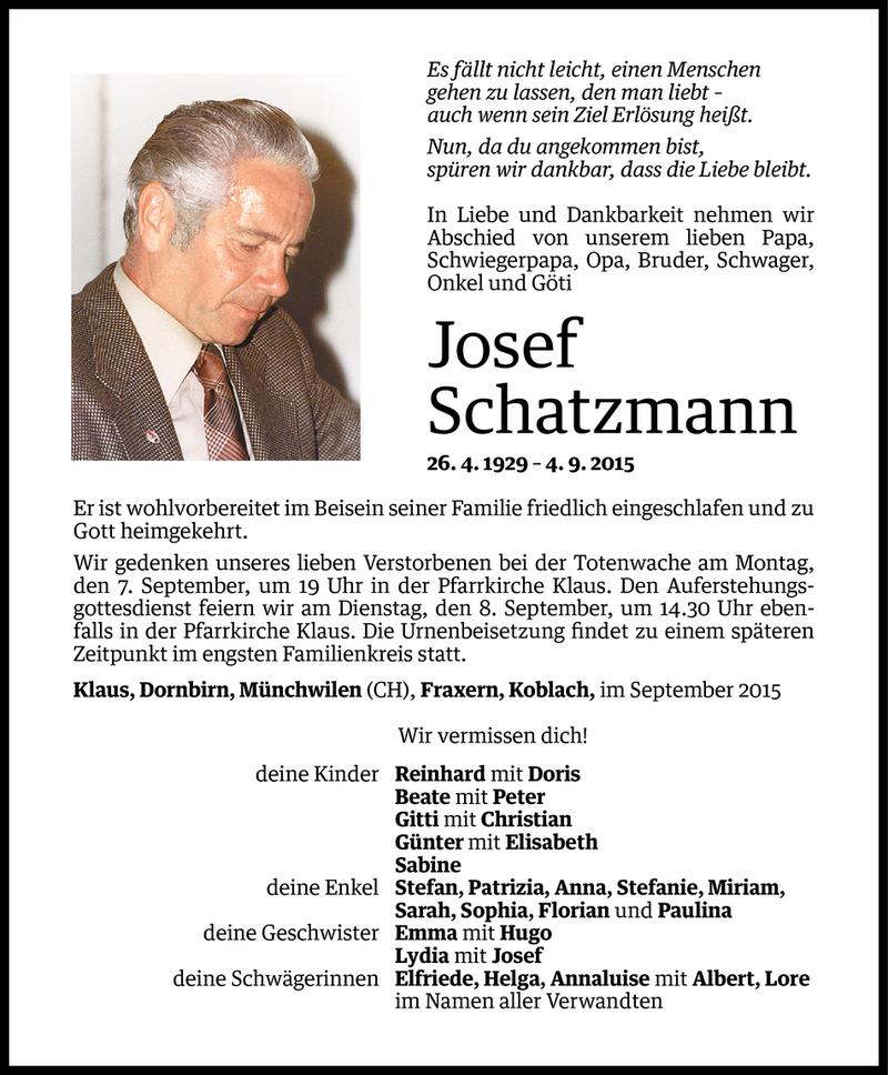  Todesanzeige für Josef Schatzmann vom 05.09.2015 aus Vorarlberger Nachrichten