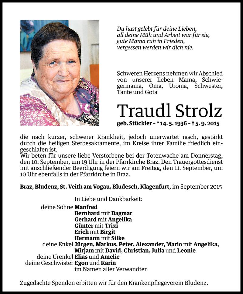  Todesanzeige für Traudl Strolz vom 07.09.2015 aus Vorarlberger Nachrichten