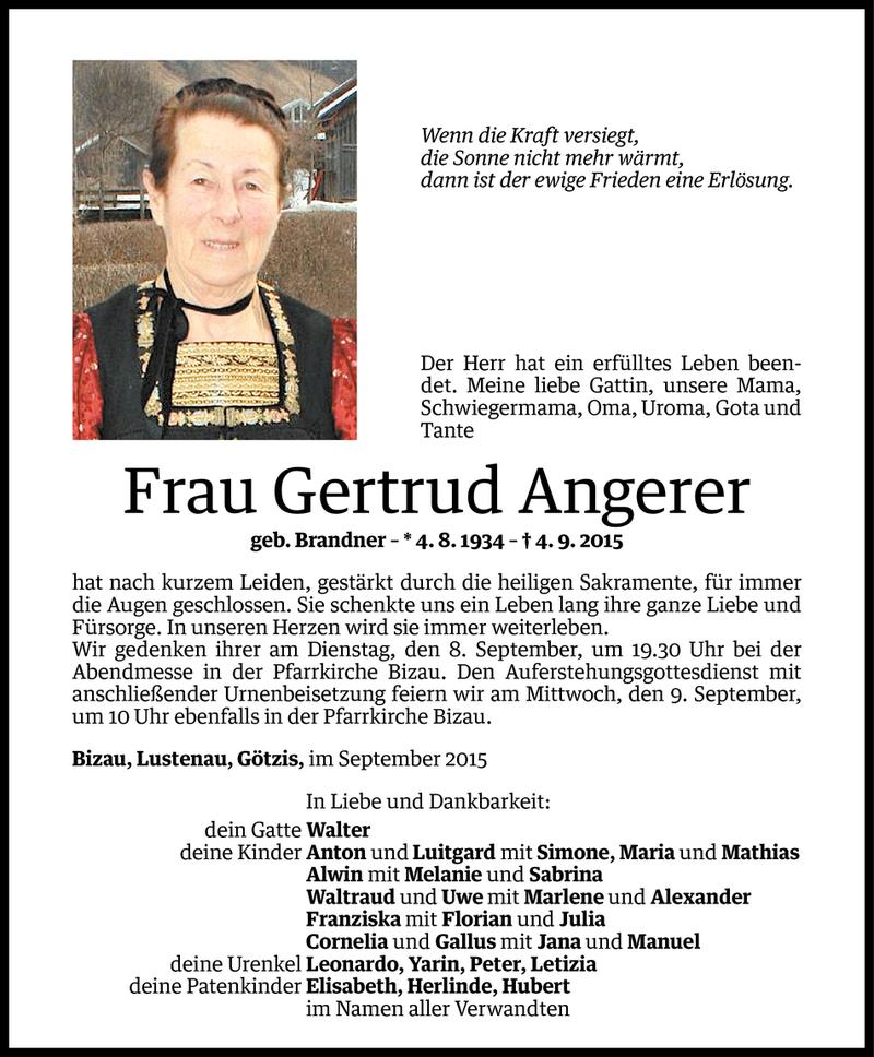  Todesanzeige für Gertrud Angerer vom 06.09.2015 aus Vorarlberger Nachrichten