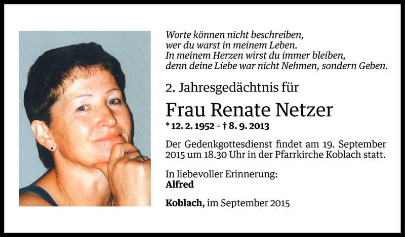  Todesanzeige für Renate Netzer vom 07.09.2015 aus Vorarlberger Nachrichten