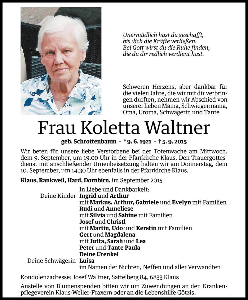  Todesanzeige für Koletta Waltner vom 08.09.2015 aus Vorarlberger Nachrichten