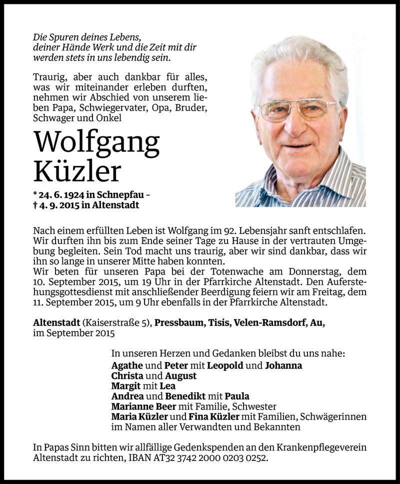  Todesanzeige für Wolfgang Küzler vom 07.09.2015 aus Vorarlberger Nachrichten