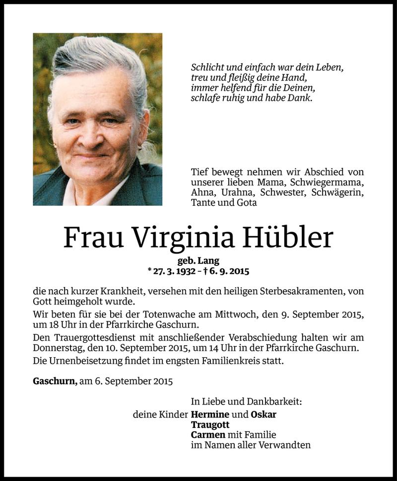  Todesanzeige für Virginia Hübler vom 07.09.2015 aus Vorarlberger Nachrichten