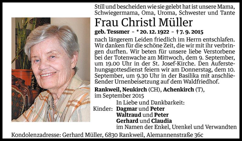  Todesanzeige für Christl Müller vom 08.09.2015 aus Vorarlberger Nachrichten