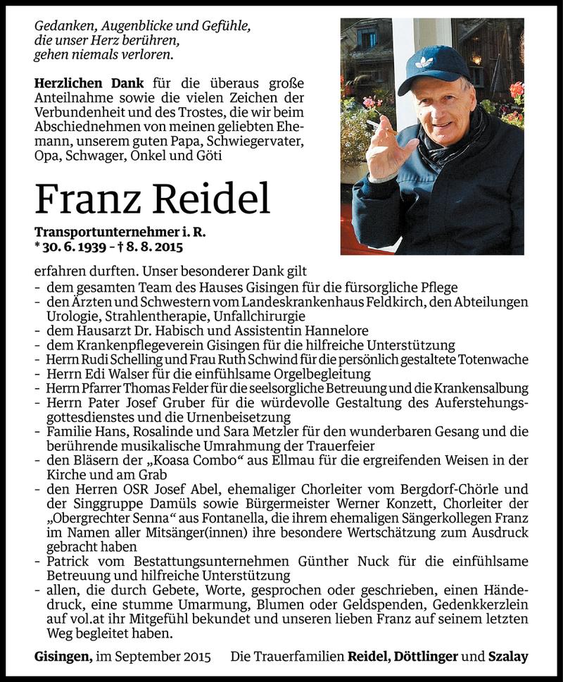  Todesanzeige für Franz Reidel vom 08.09.2015 aus Vorarlberger Nachrichten