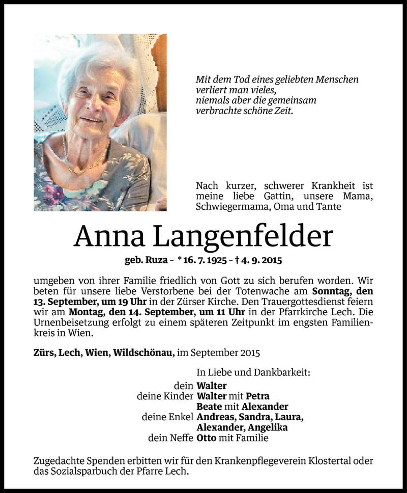  Todesanzeige für Anna Langenfelder vom 11.09.2015 aus Vorarlberger Nachrichten