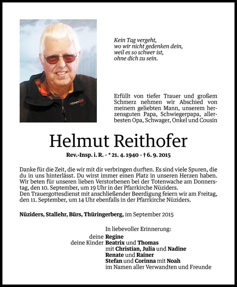  Todesanzeige für Helmut Reithofer vom 09.09.2015 aus Vorarlberger Nachrichten