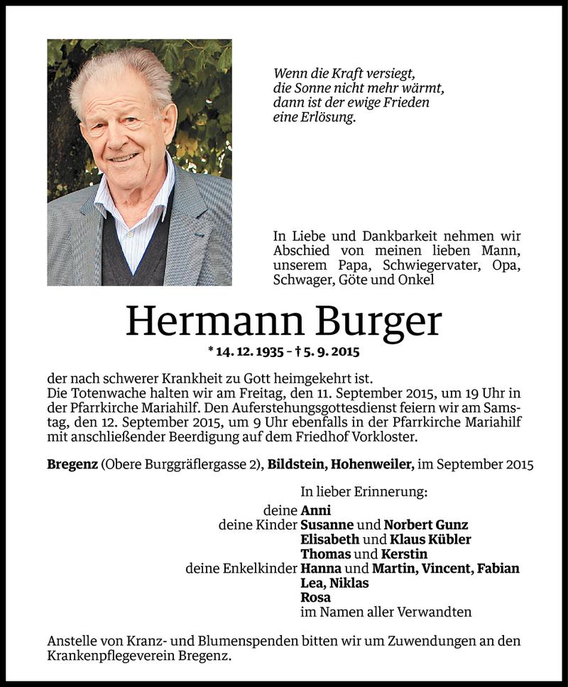  Todesanzeige für Hermann Burger vom 08.09.2015 aus Vorarlberger Nachrichten