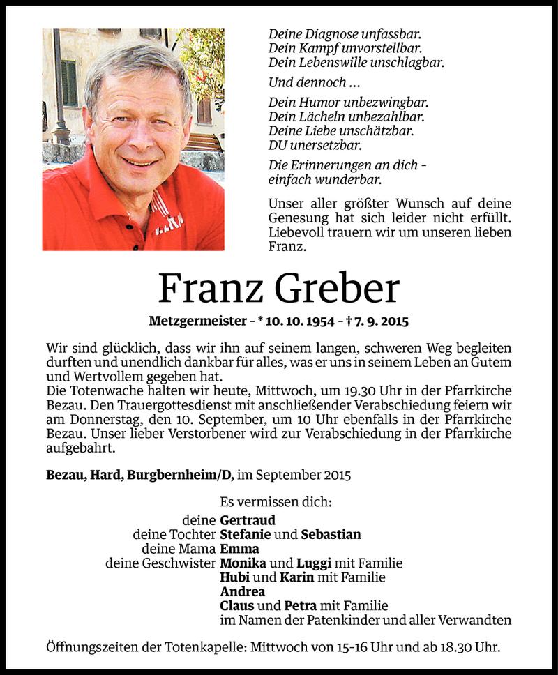  Todesanzeige für Franz Greber vom 08.09.2015 aus Vorarlberger Nachrichten