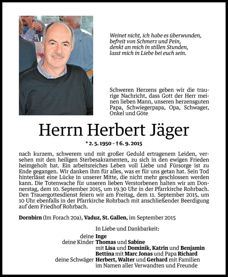  Todesanzeige für Herbert Jäger vom 08.09.2015 aus Vorarlberger Nachrichten