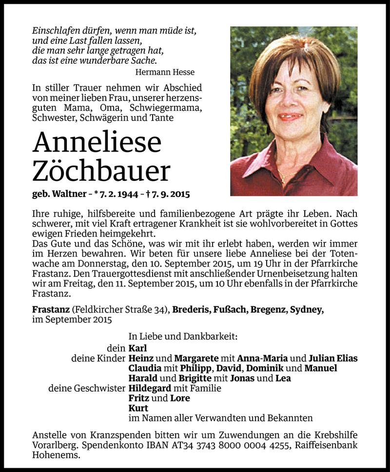  Todesanzeige für Anneliese Zöchbauer vom 08.09.2015 aus Vorarlberger Nachrichten