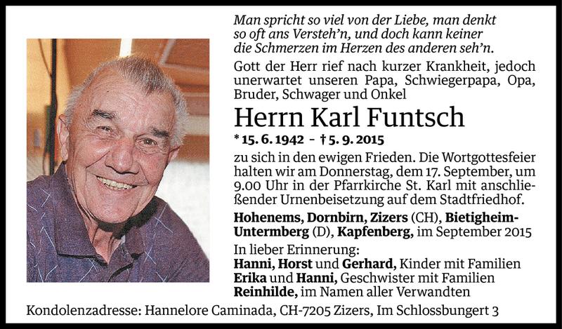  Todesanzeige für Karl Funtsch vom 14.09.2015 aus Vorarlberger Nachrichten