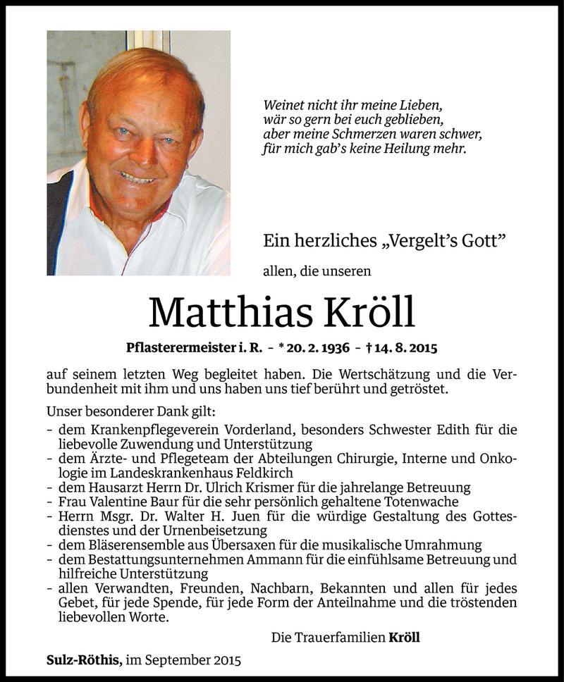  Todesanzeige für Matthias Kröll vom 12.09.2015 aus Vorarlberger Nachrichten