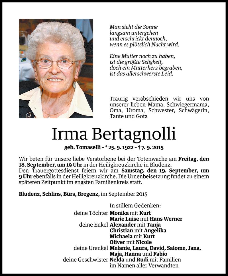  Todesanzeige für Irma Bertagnolli vom 12.09.2015 aus Vorarlberger Nachrichten