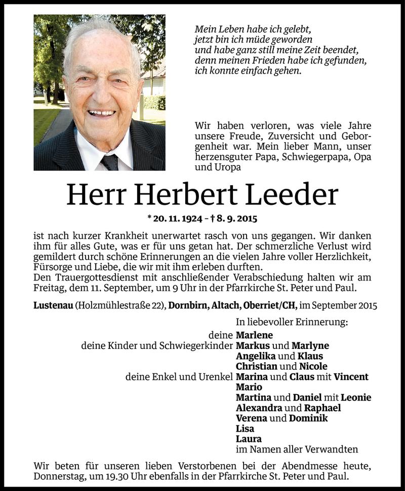  Todesanzeige für Herbert Leeder vom 09.09.2015 aus Vorarlberger Nachrichten