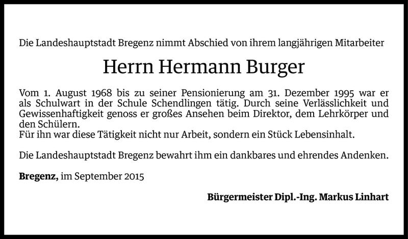  Todesanzeige für Hermann Burger vom 09.09.2015 aus Vorarlberger Nachrichten