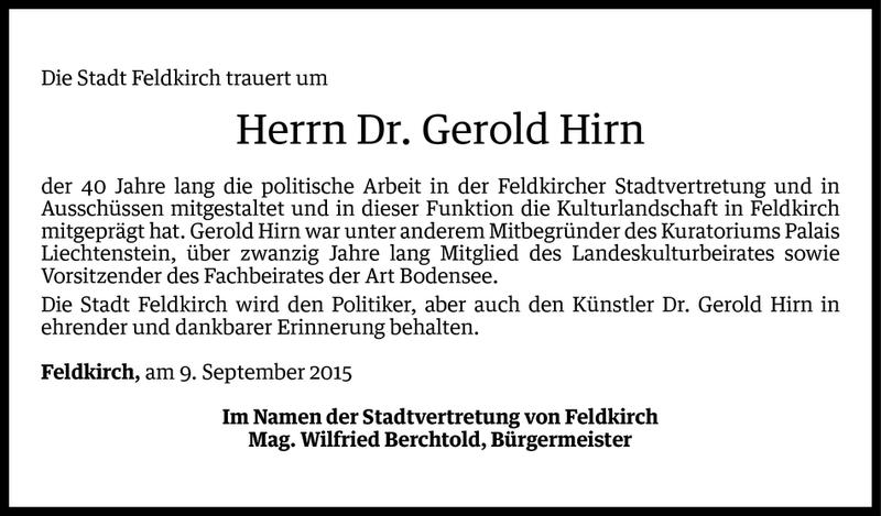  Todesanzeige für Gerold Hirn vom 09.09.2015 aus Vorarlberger Nachrichten