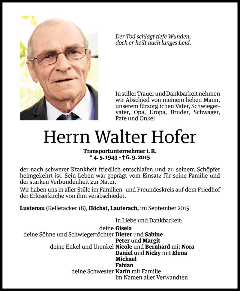  Todesanzeige für Walter Hofer vom 10.09.2015 aus Vorarlberger Nachrichten