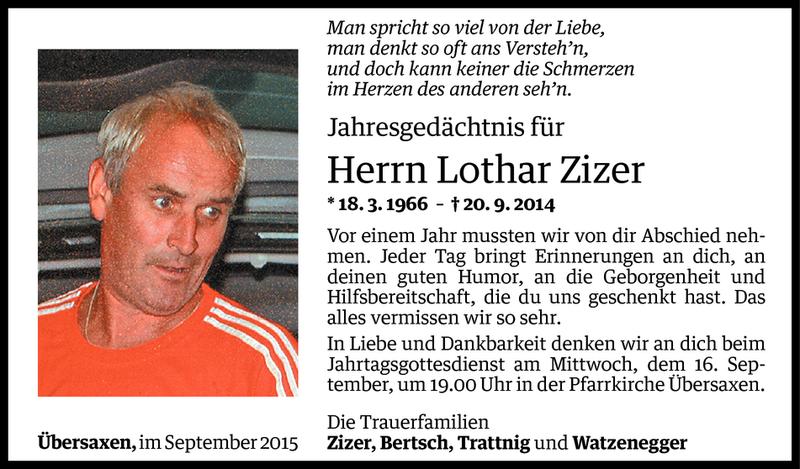  Todesanzeige für Lothar Zizer vom 12.09.2015 aus Vorarlberger Nachrichten