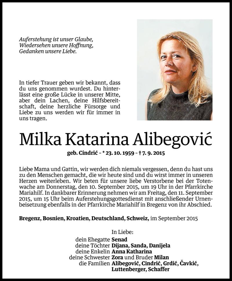  Todesanzeige für Milka Alibegovic vom 09.09.2015 aus Vorarlberger Nachrichten