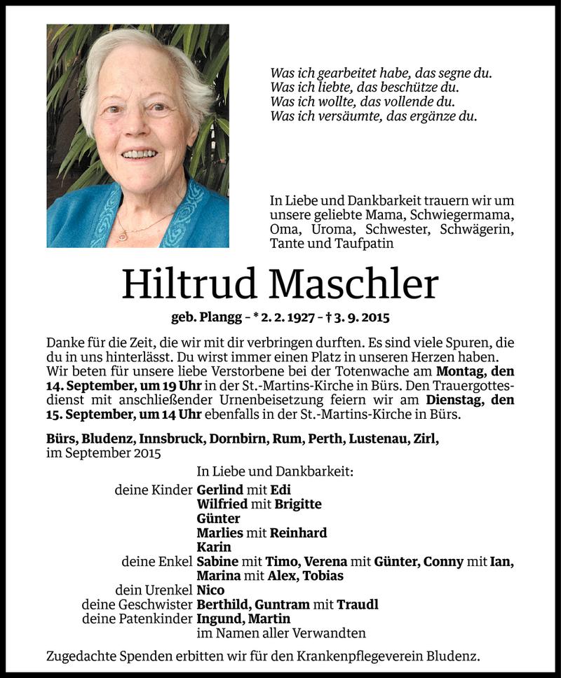  Todesanzeige für Hiltrud Maschler vom 10.09.2015 aus Vorarlberger Nachrichten